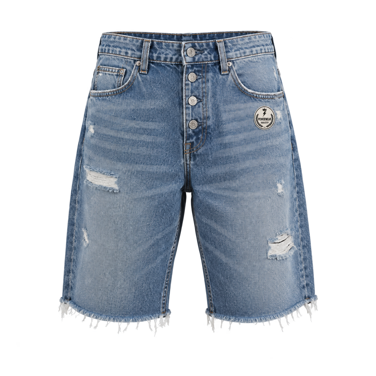 Distressed Mid-Blue Denim Shorts with Powerwear Industry badge