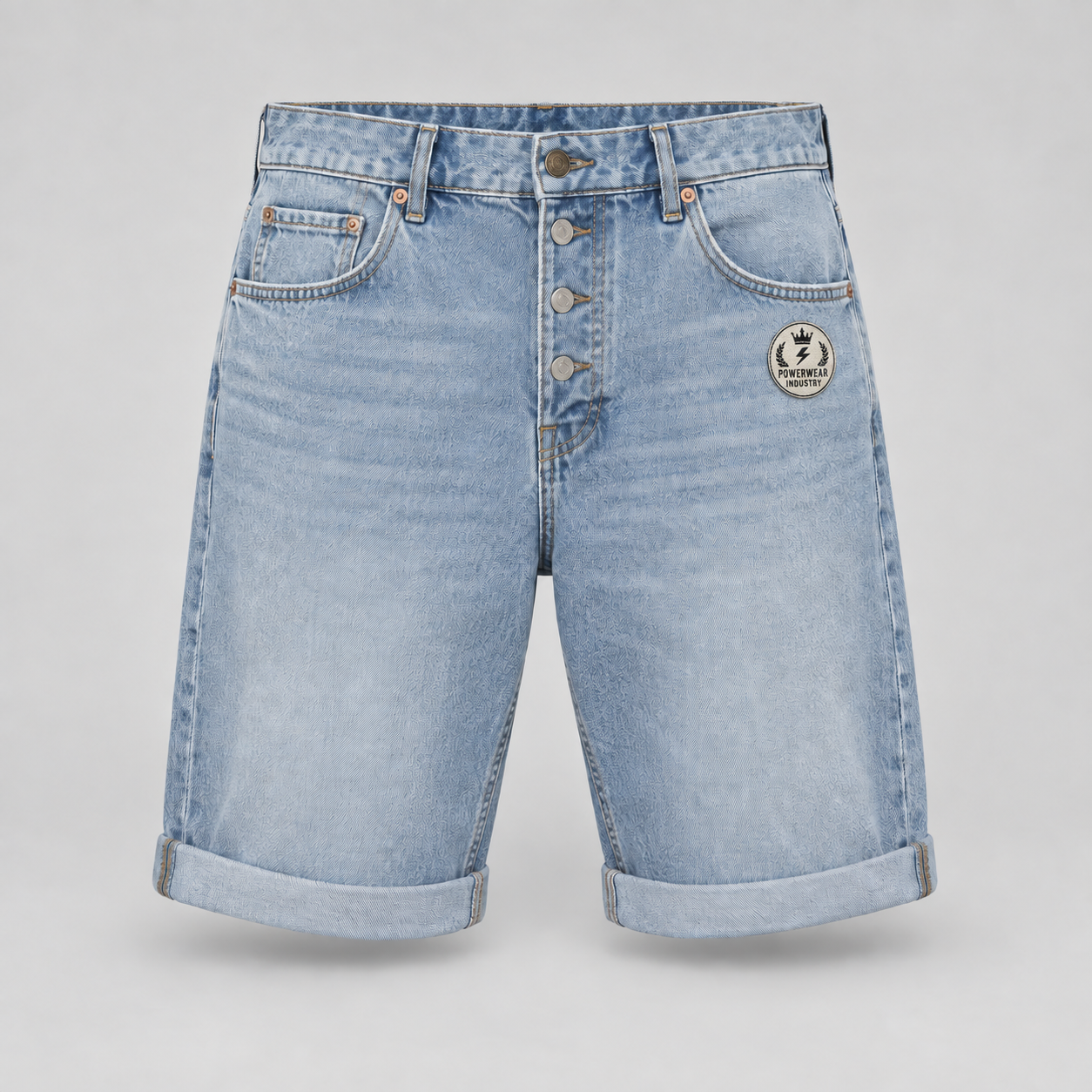 Light Blue Cuffed Denim Shorts with Powerwear Industry badge