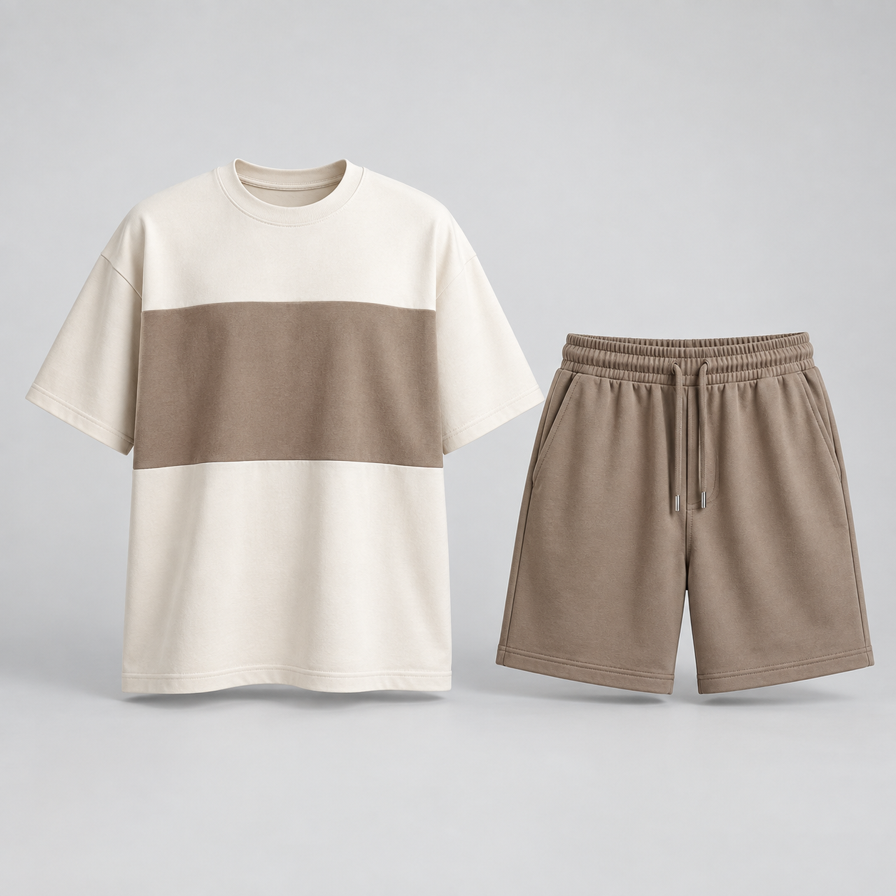 Cream Mocha Colorblock T-Shirt and Shorts Set